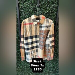 Burberry Patchwork Plaid Shirt in Tan, Black, and Red
